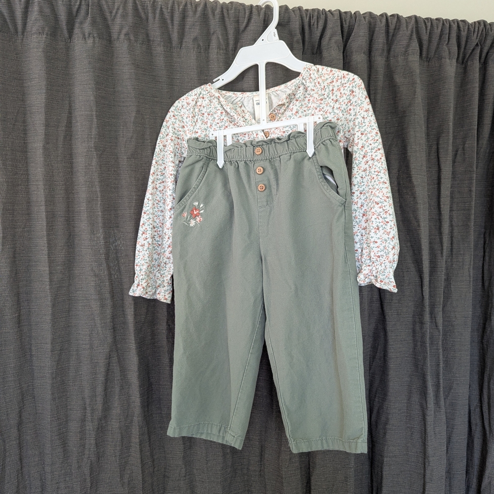 OshKosh B'gosh Olive Green Kids Pants with Floral Detail